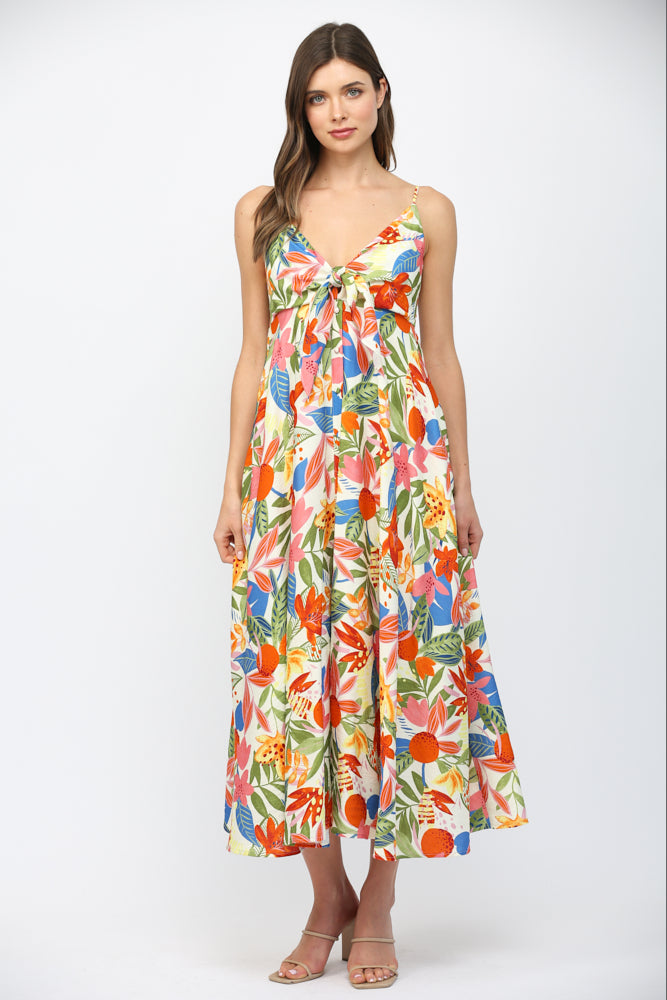 Fate Floral Spaghetti Strap Midi Dress Front Bow Tie White Multi-Midi Dresses-Fate-Deja Nu Boutique, Women's Fashion Boutique in Lampasas, Texas