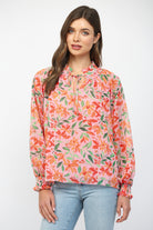 Fate Floral Print Chiffon Ruffled Collar Tie Neck Blouse Pink Multi-Tops-Fate-Deja Nu Boutique, Women's Fashion Boutique in Lampasas, Texas