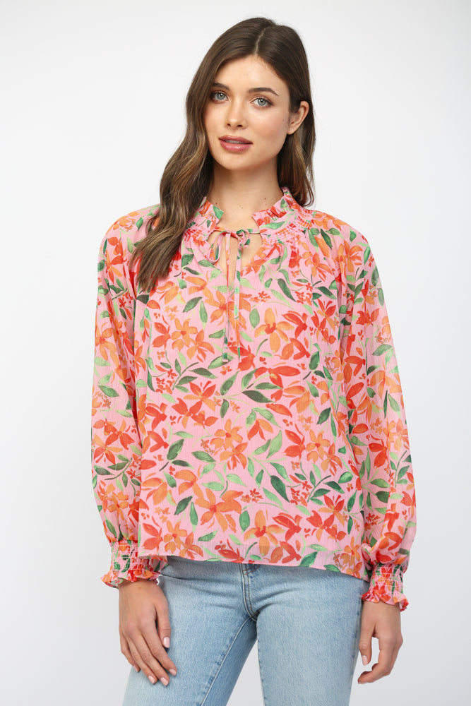 Fate Floral Print Chiffon Ruffled Collar Tie Neck Blouse Pink Multi-Tops-Fate-Deja Nu Boutique, Women's Fashion Boutique in Lampasas, Texas