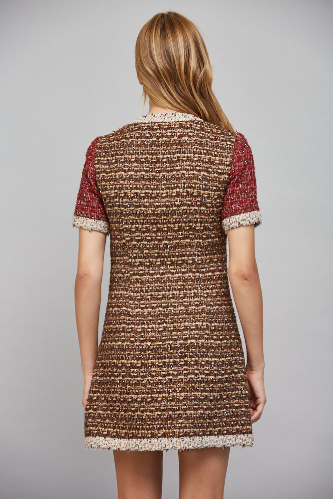 Fate Lurex Mixed Tweed Dress with Contrast Trim in Sand/Wine-mini dress-Fate-Deja Nu Boutique, Women's Fashion Boutique in Lampasas, Texas