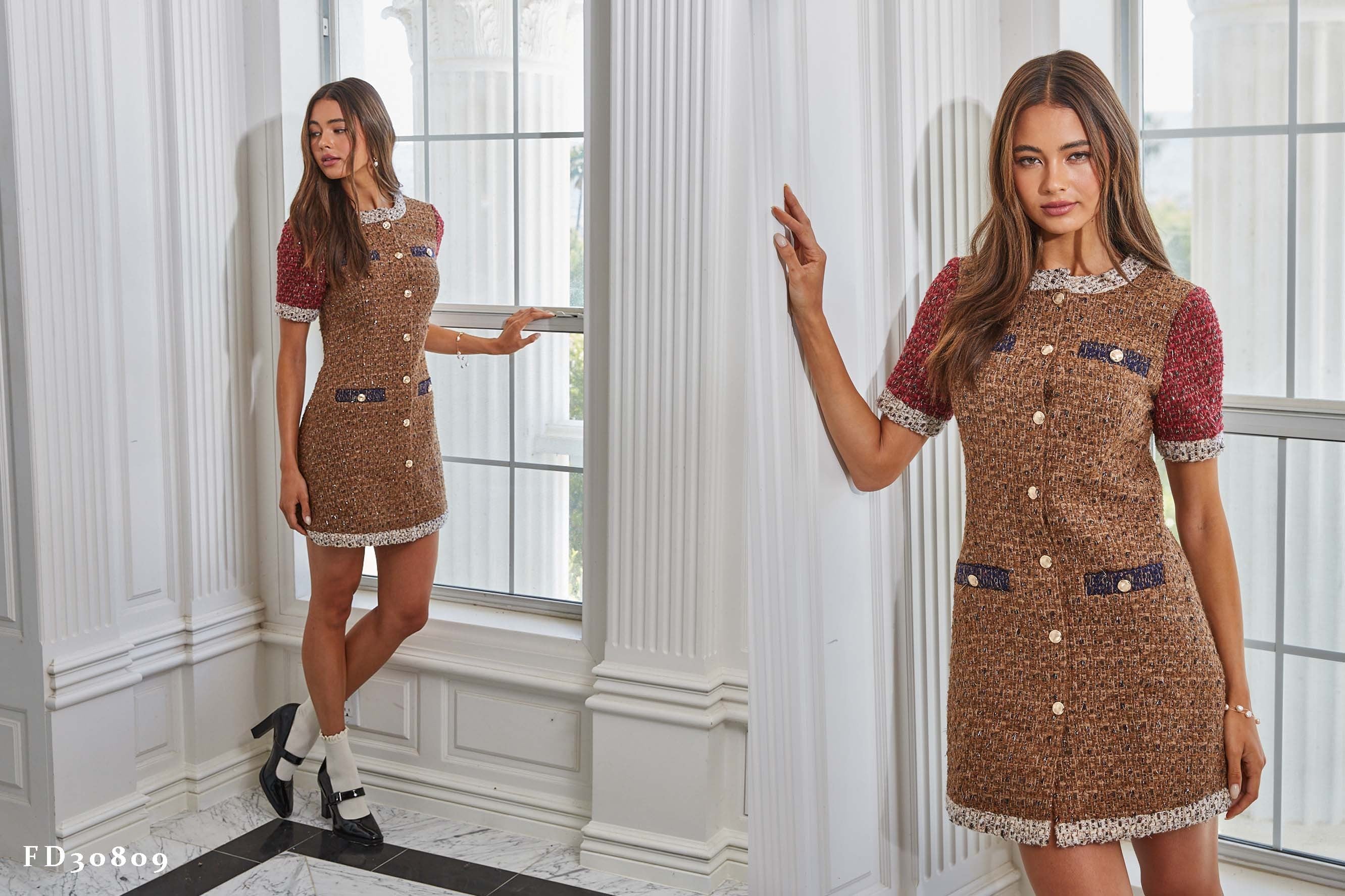 Fate Lurex Mixed Tweed Dress with Contrast Trim in Sand/Wine-mini dress-Fate-Deja Nu Boutique, Women's Fashion Boutique in Lampasas, Texas