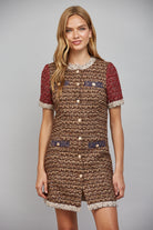 Fate Lurex Mixed Tweed Dress with Contrast Trim in Sand/Wine-mini dress-Fate-Deja Nu Boutique, Women's Fashion Boutique in Lampasas, Texas