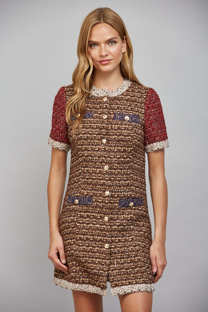 Fate Lurex Mixed Tweed Dress with Contrast Trim in Sand/Wine-mini dress-Fate-Deja Nu Boutique, Women's Fashion Boutique in Lampasas, Texas