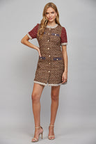 Fate Lurex Mixed Tweed Dress with Contrast Trim in Sand/Wine-mini dress-Fate-Deja Nu Boutique, Women's Fashion Boutique in Lampasas, Texas
