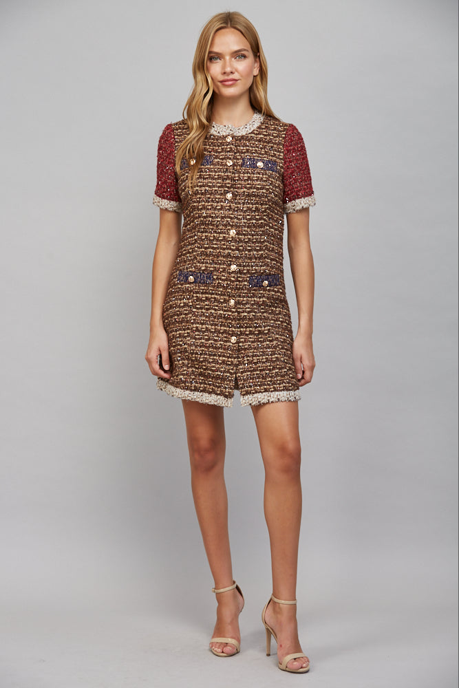 Fate Lurex Mixed Tweed Dress with Contrast Trim in Sand/Wine-mini dress-Fate-Deja Nu Boutique, Women's Fashion Boutique in Lampasas, Texas