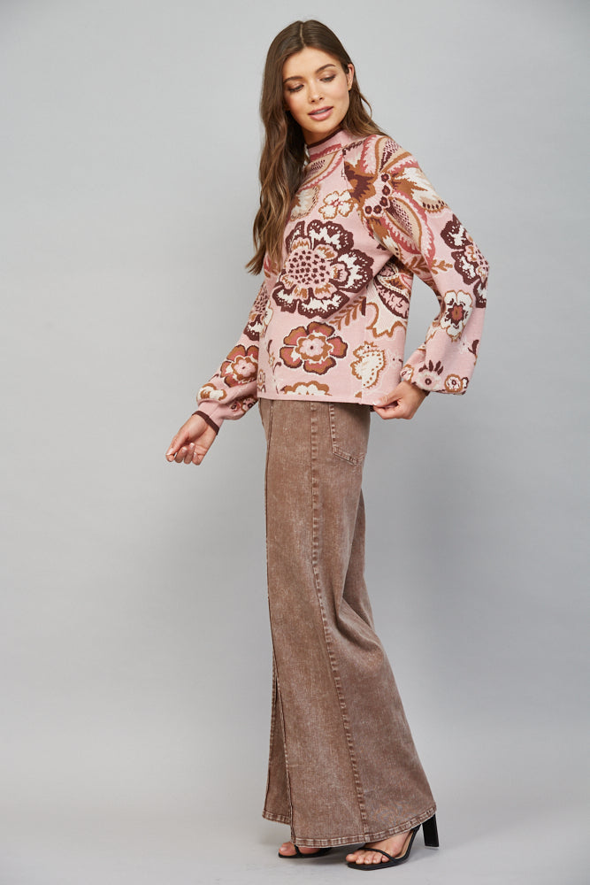 Fate Bold Floral & Paisley Pattern Funnel Neckline Sweater in Mauve Multi-Sweaters-Fate-Deja Nu Boutique, Women's Fashion Boutique in Lampasas, Texas