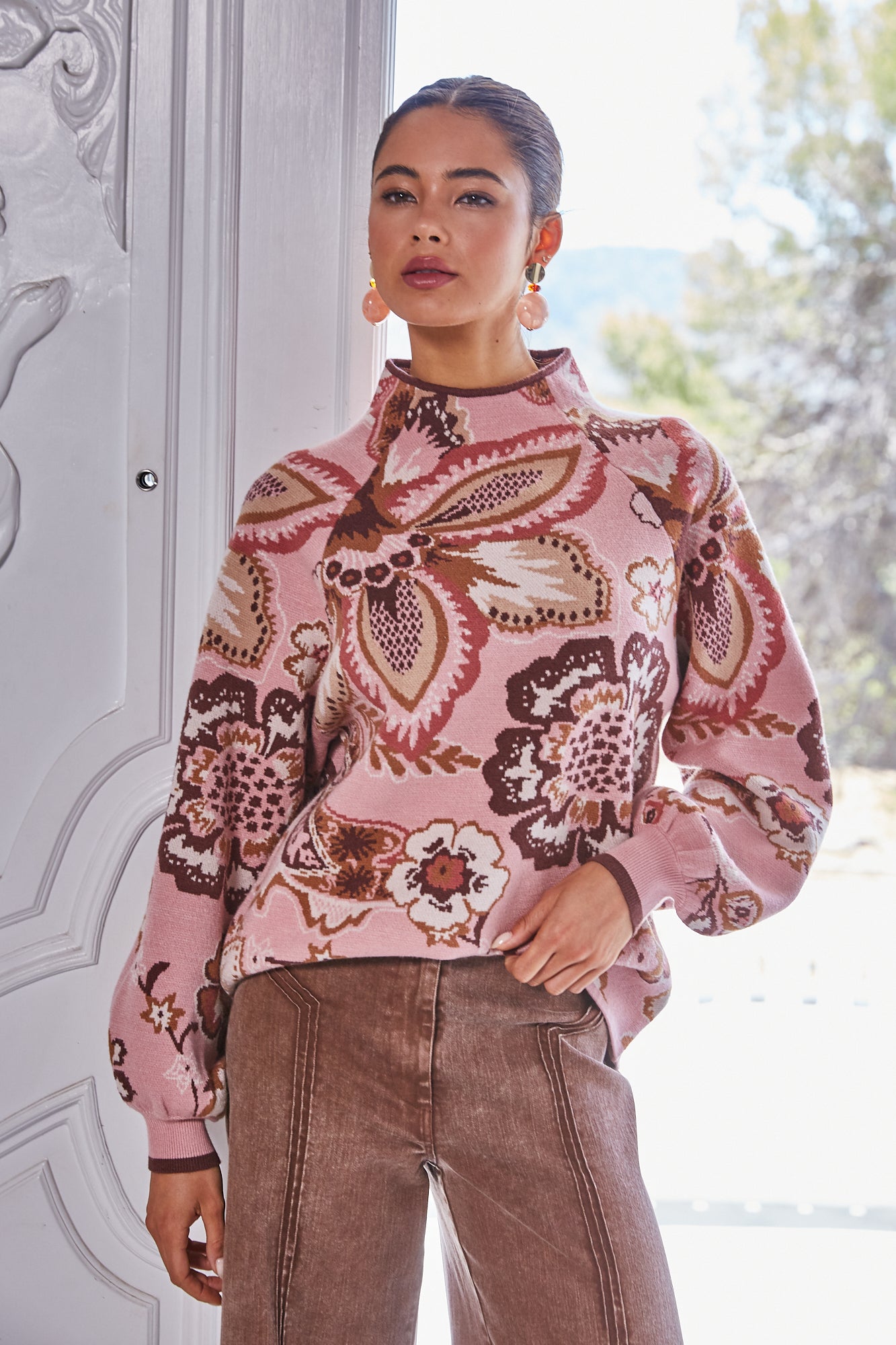 Fate Bold Floral & Paisley Pattern Funnel Neckline Sweater in Mauve Multi-Sweaters-Fate-Deja Nu Boutique, Women's Fashion Boutique in Lampasas, Texas