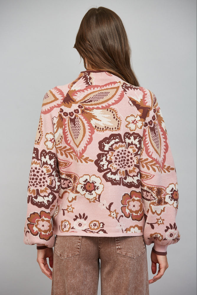 Fate Bold Floral & Paisley Pattern Funnel Neckline Sweater in Mauve Multi-Sweaters-Fate-Deja Nu Boutique, Women's Fashion Boutique in Lampasas, Texas