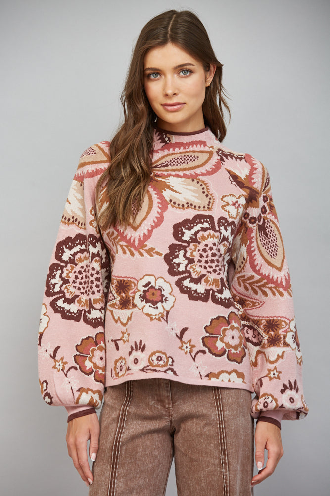 Fate Bold Floral & Paisley Pattern Funnel Neckline Sweater in Mauve Multi-Sweaters-Fate-Deja Nu Boutique, Women's Fashion Boutique in Lampasas, Texas