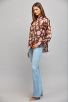 Fate Multicolor Polka Dot Satin Button Up Blouse in Brown Multi-shirts-Fate-Deja Nu Boutique, Women's Fashion Boutique in Lampasas, Texas