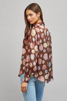 Fate Multicolor Polka Dot Satin Button Up Blouse in Brown Multi-shirts-Fate-Deja Nu Boutique, Women's Fashion Boutique in Lampasas, Texas