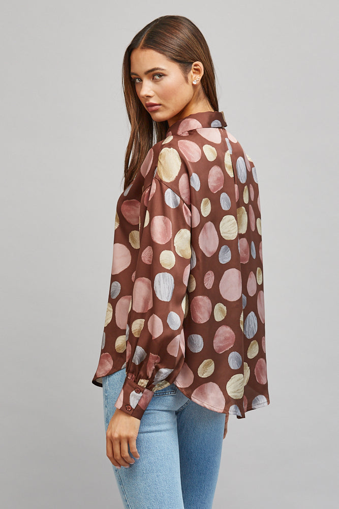 Fate Multicolor Polka Dot Satin Button Up Blouse in Brown Multi-shirts-Fate-Deja Nu Boutique, Women's Fashion Boutique in Lampasas, Texas