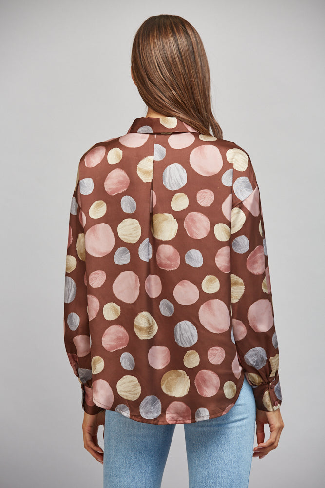 Fate Multicolor Polka Dot Satin Button Up Blouse in Brown Multi-shirts-Fate-Deja Nu Boutique, Women's Fashion Boutique in Lampasas, Texas