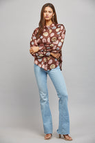 Fate Multicolor Polka Dot Satin Button Up Blouse in Brown Multi-shirts-Fate-Deja Nu Boutique, Women's Fashion Boutique in Lampasas, Texas