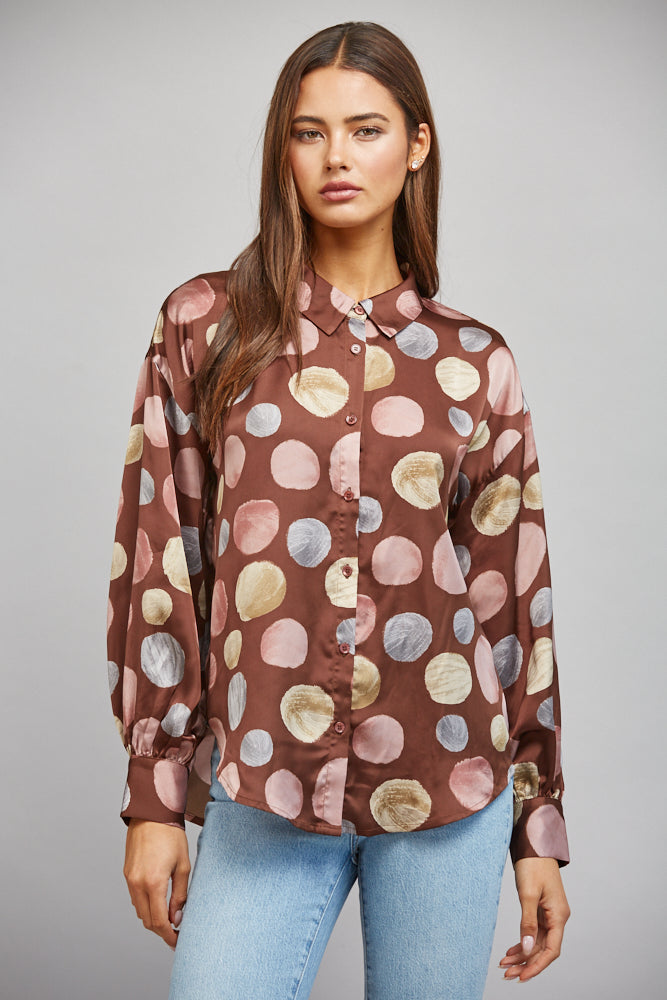 Fate Multicolor Polka Dot Satin Button Up Blouse in Brown Multi-shirts-Fate-Deja Nu Boutique, Women's Fashion Boutique in Lampasas, Texas