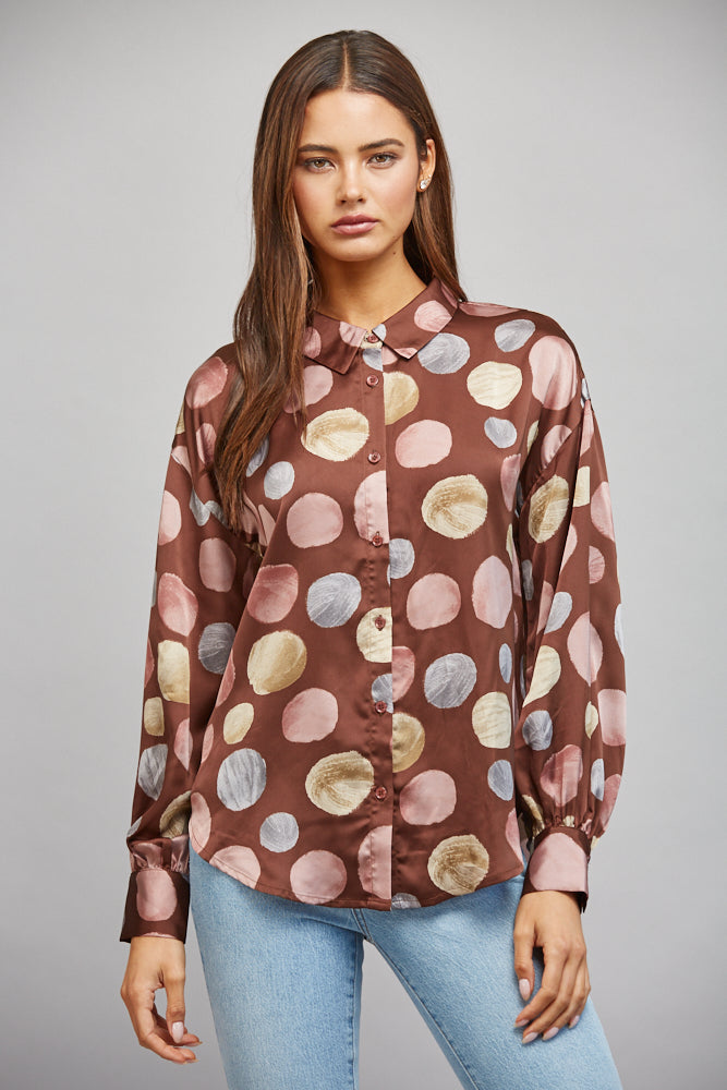 Fate Multicolor Polka Dot Satin Button Up Blouse in Brown Multi-shirts-Fate-Deja Nu Boutique, Women's Fashion Boutique in Lampasas, Texas
