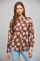 Fate Multicolor Polka Dot Satin Button Up Blouse in Brown Multi-shirts-Fate-Deja Nu Boutique, Women's Fashion Boutique in Lampasas, Texas