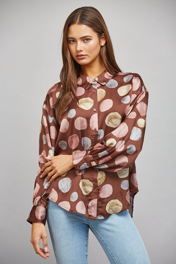 Fate Multicolor Polka Dot Satin Button Up Blouse in Brown Multi-shirts-Fate-Deja Nu Boutique, Women's Fashion Boutique in Lampasas, Texas