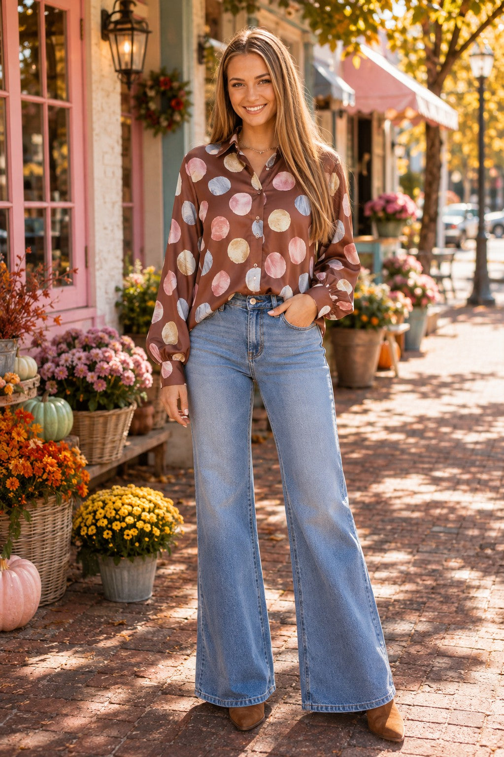 Fate Multicolor Polka Dot Satin Button Up Blouse in Brown Multi-shirts-Fate-Deja Nu Boutique, Women's Fashion Boutique in Lampasas, Texas