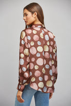Fate Multicolor Polka Dot Satin Button Up Blouse in Brown Multi-shirts-Fate-Deja Nu Boutique, Women's Fashion Boutique in Lampasas, Texas