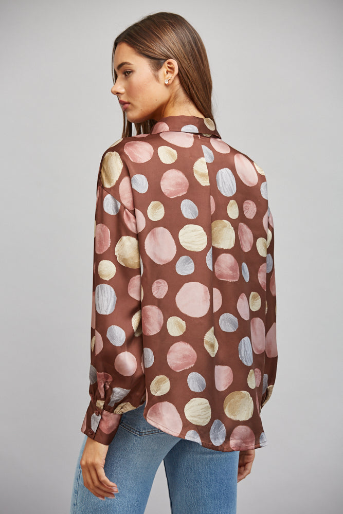 Fate Multicolor Polka Dot Satin Button Up Blouse in Brown Multi-shirts-Fate-Deja Nu Boutique, Women's Fashion Boutique in Lampasas, Texas