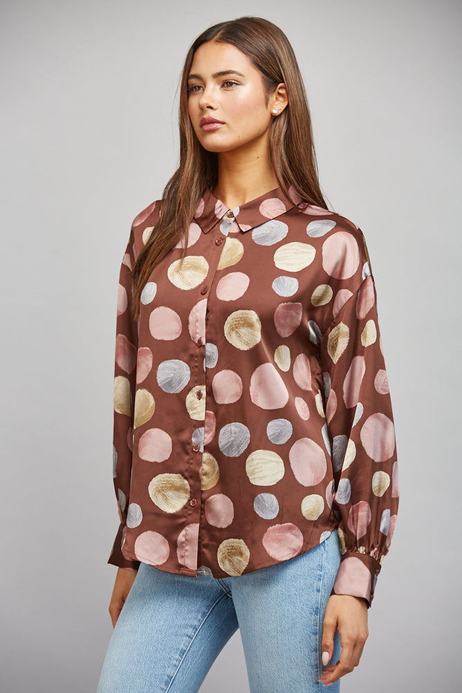 Fate Multicolor Polka Dot Satin Button Up Blouse in Brown Multi-shirts-Fate-Deja Nu Boutique, Women's Fashion Boutique in Lampasas, Texas