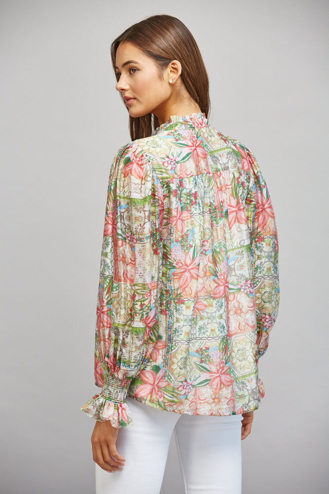 Fate Patchwork Floral Print Ruffled Collar Button Down Blouse-Tops-Fate-Deja Nu Boutique, Women's Fashion Boutique in Lampasas, Texas