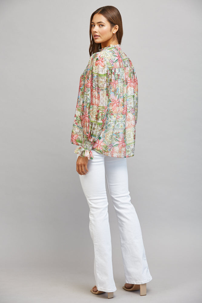Fate Patchwork Floral Print Ruffled Collar Button Down Blouse-Tops-Fate-Deja Nu Boutique, Women's Fashion Boutique in Lampasas, Texas