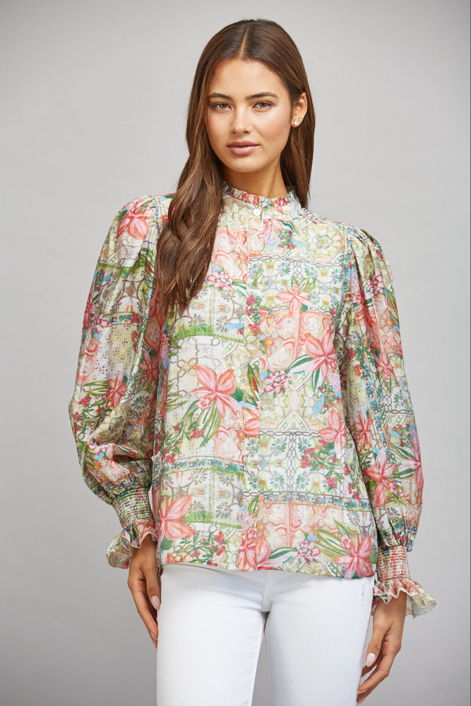 Fate Patchwork Floral Print Ruffled Collar Button Down Blouse-Tops-Fate-Deja Nu Boutique, Women's Fashion Boutique in Lampasas, Texas