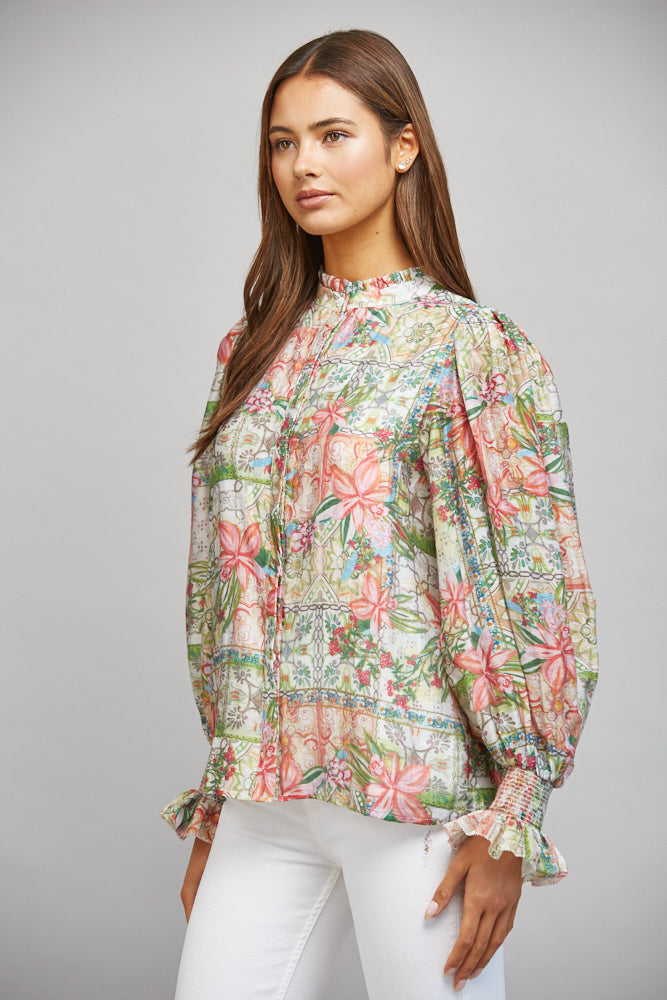 Fate Patchwork Floral Print Ruffled Collar Button Down Blouse-Tops-Fate-Deja Nu Boutique, Women's Fashion Boutique in Lampasas, Texas