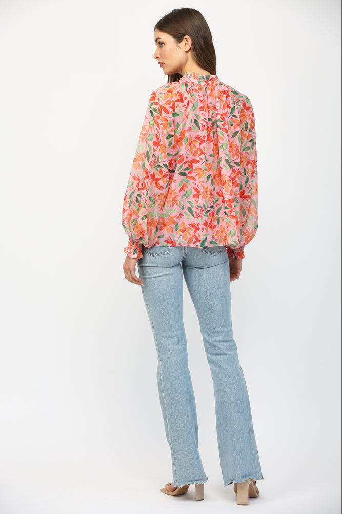 Fate Floral Print Chiffon Ruffled Collar Tie Neck Blouse Pink Multi-Tops-Fate-Deja Nu Boutique, Women's Fashion Boutique in Lampasas, Texas