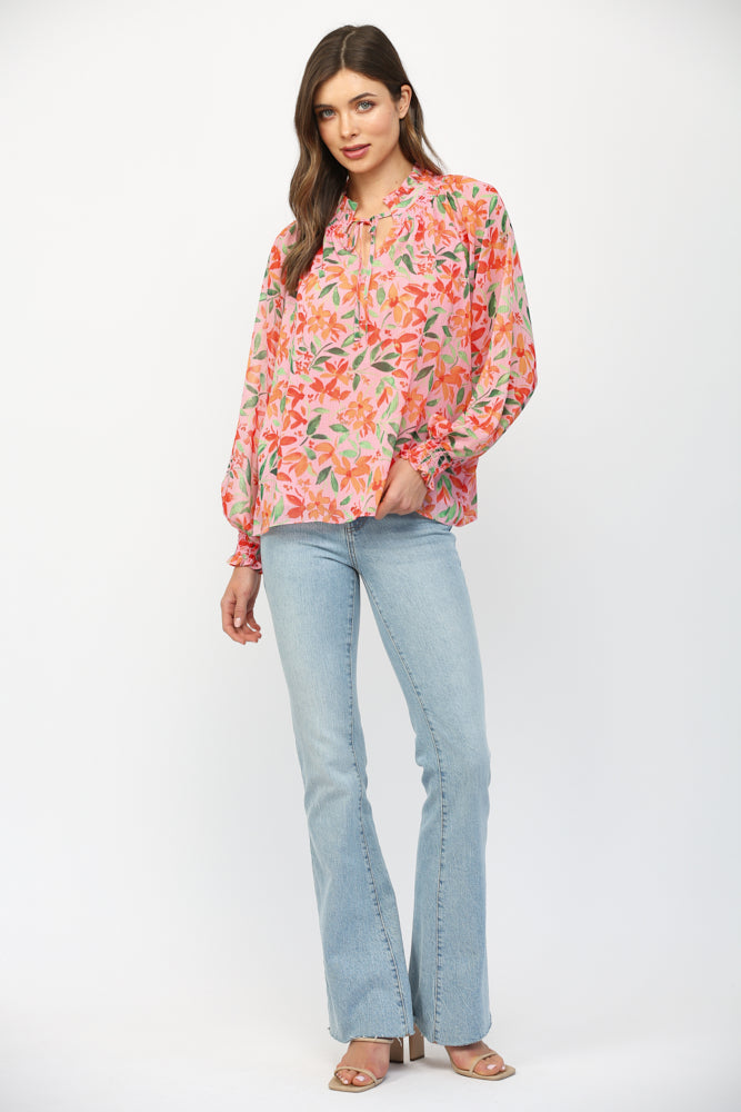 Fate Floral Print Chiffon Ruffled Collar Tie Neck Blouse Pink Multi-Tops-Fate-Deja Nu Boutique, Women's Fashion Boutique in Lampasas, Texas