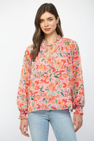 Fate Floral Print Chiffon Ruffled Collar Tie Neck Blouse Pink Multi-Tops-Fate-Deja Nu Boutique, Women's Fashion Boutique in Lampasas, Texas