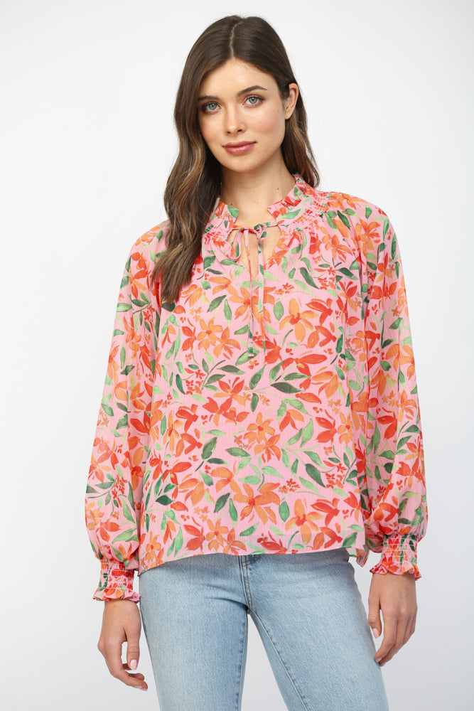 Fate Floral Print Chiffon Ruffled Collar Tie Neck Blouse Pink Multi-Tops-Fate-Deja Nu Boutique, Women's Fashion Boutique in Lampasas, Texas