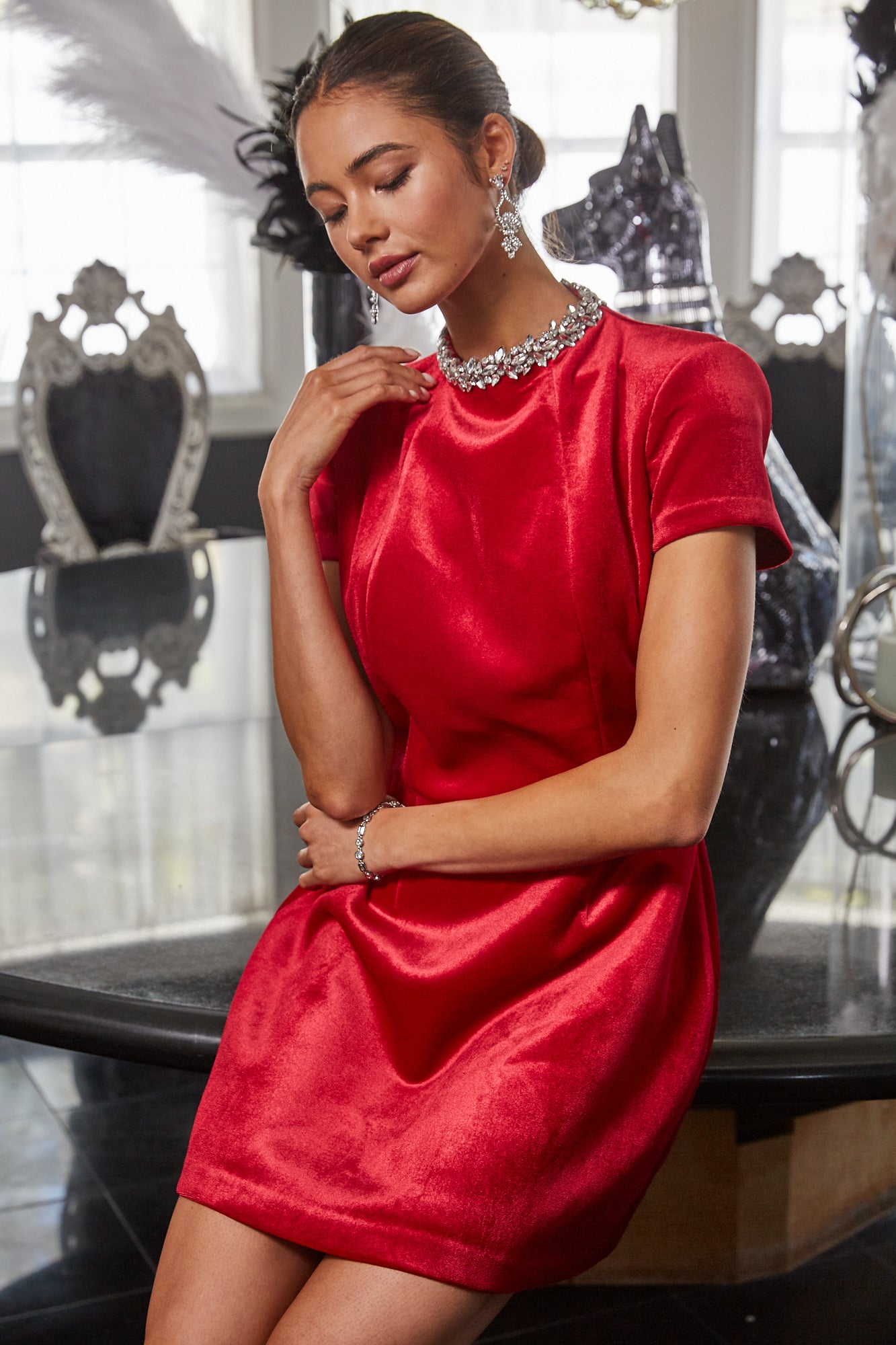 Fate Rhinestone Neckline Ruby Red Velvet Mini Dress-mini dress-Fate-Deja Nu Boutique, Women's Fashion Boutique in Lampasas, Texas