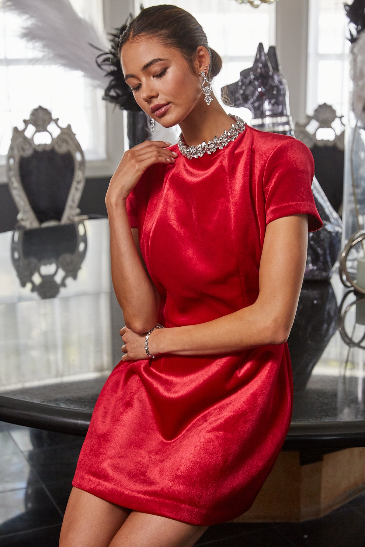 Fate Rhinestone Neckline Ruby Red Velvet Mini Dress-mini dress-Fate-Deja Nu Boutique, Women's Fashion Boutique in Lampasas, Texas
