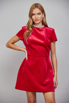 Fate Rhinestone Neckline Ruby Red Velvet Mini Dress-mini dress-Fate-Deja Nu Boutique, Women's Fashion Boutique in Lampasas, Texas