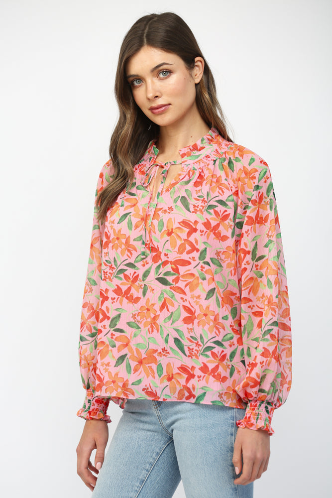 Fate Floral Print Chiffon Ruffled Collar Tie Neck Blouse Pink Multi-Tops-Fate-Deja Nu Boutique, Women's Fashion Boutique in Lampasas, Texas