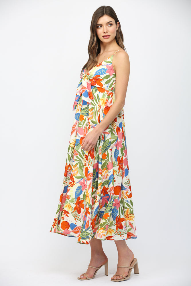 Fate Floral Spaghetti Strap Midi Dress Front Bow Tie White Multi-Midi Dresses-Fate-Deja Nu Boutique, Women's Fashion Boutique in Lampasas, Texas