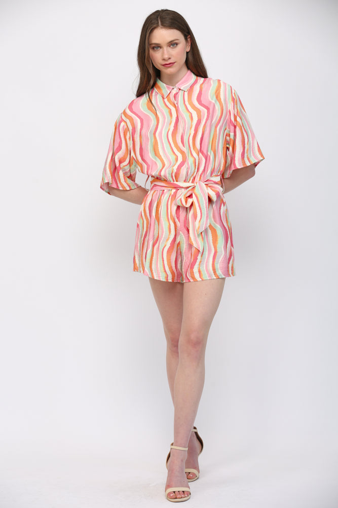Fate Wavy Stripe Button Down Romper in Cream Multi-Rompers & Jumpsuits-Fate-Deja Nu Boutique, Women's Fashion Boutique in Lampasas, Texas