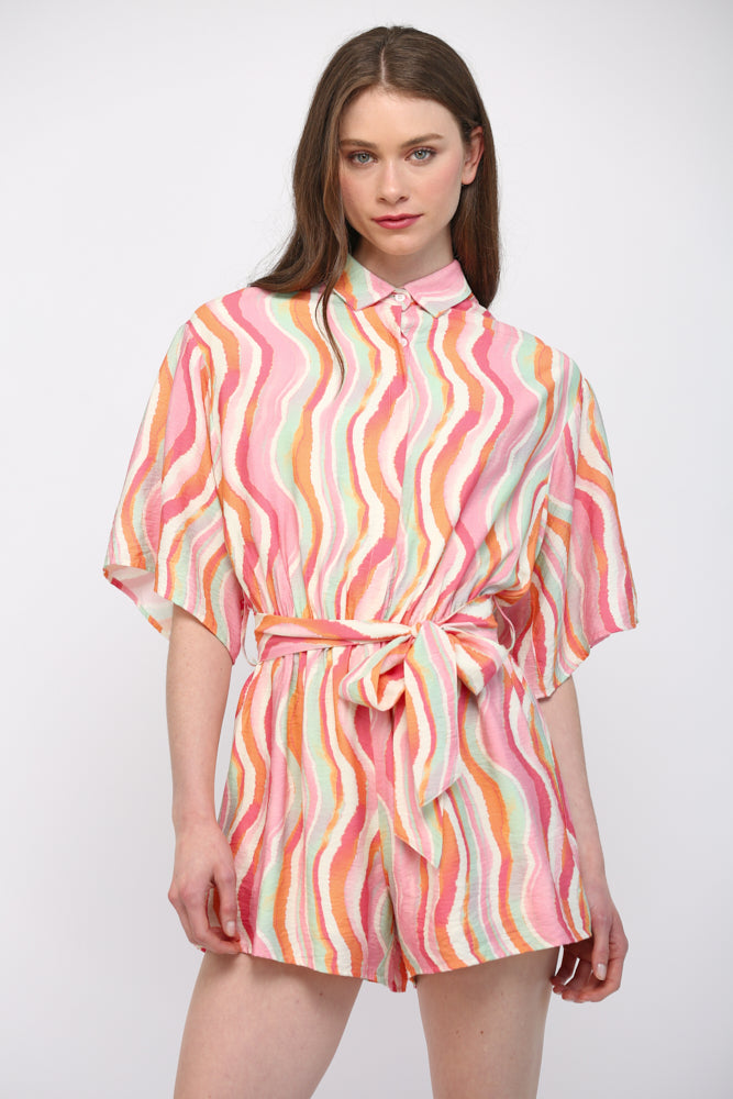 Fate Wavy Stripe Button Down Romper in Cream Multi-Rompers & Jumpsuits-Fate-Deja Nu Boutique, Women's Fashion Boutique in Lampasas, Texas