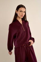 Gabrielle by Molly Bracken Edie Half Zip Sweatshirt in Dark Red-sweatshirt-Gabrielle-Deja Nu Boutique, Women's Fashion Boutique in Lampasas, Texas