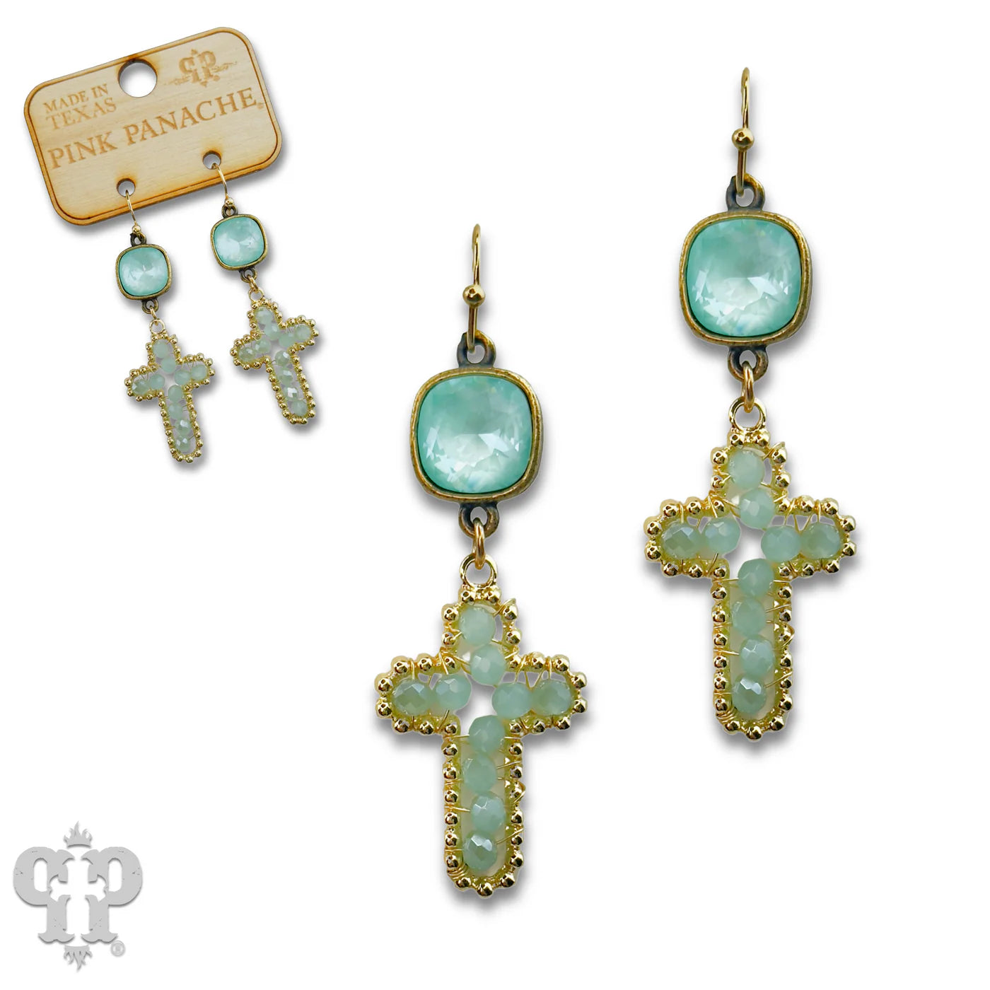 Pink Panache Green Wire Wrapped Bead Cross Earrings with Austrian Crystal-Earrings-Pink Panache-Deja Nu Boutique, Women's Fashion Boutique in Lampasas, Texas
