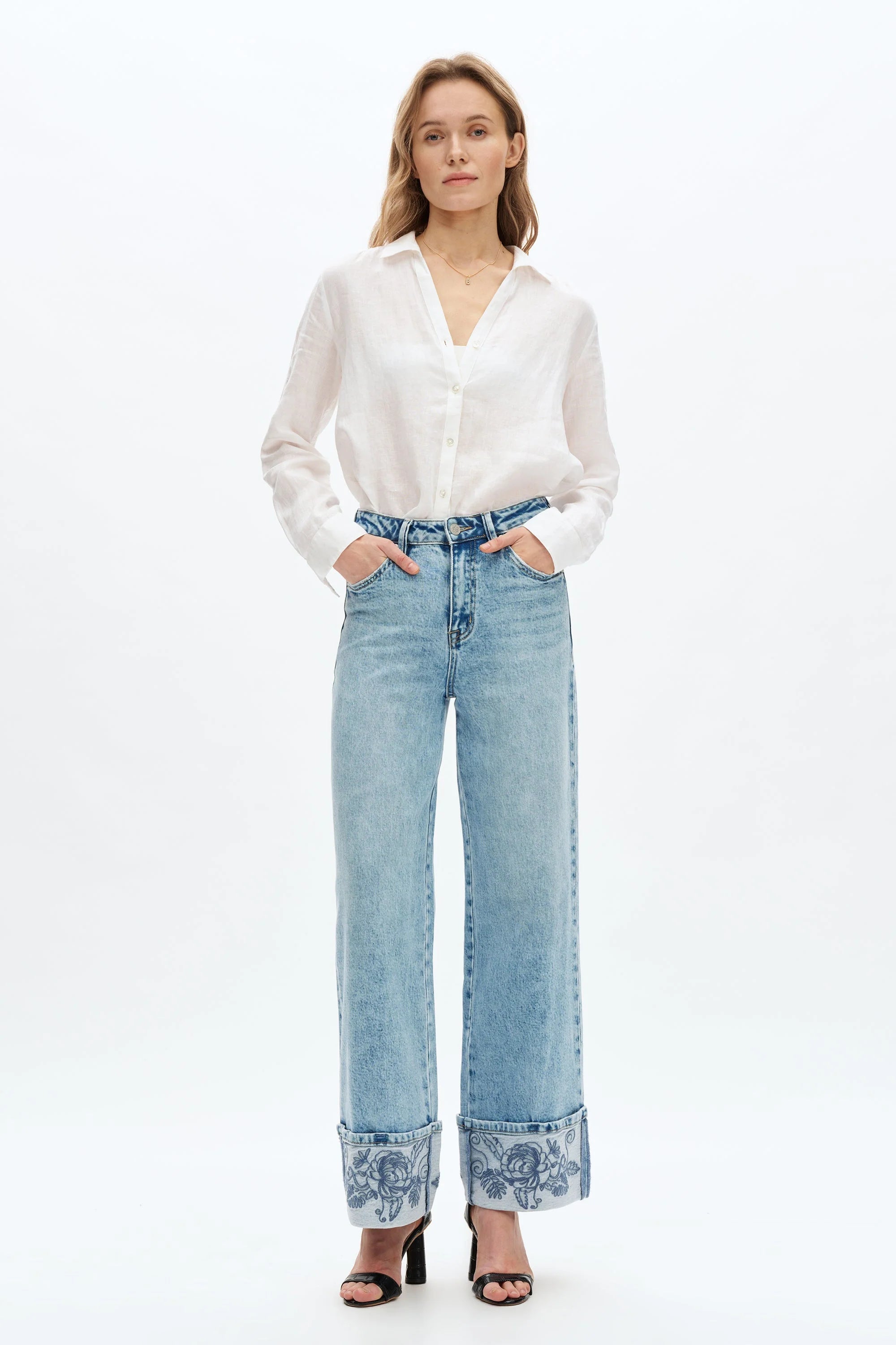 Bayeas Flora High Rise Wide Leg Embroidered Cuff Jeans-Jeans-Bayeas-Deja Nu Boutique, Women's Fashion Boutique in Lampasas, Texas
