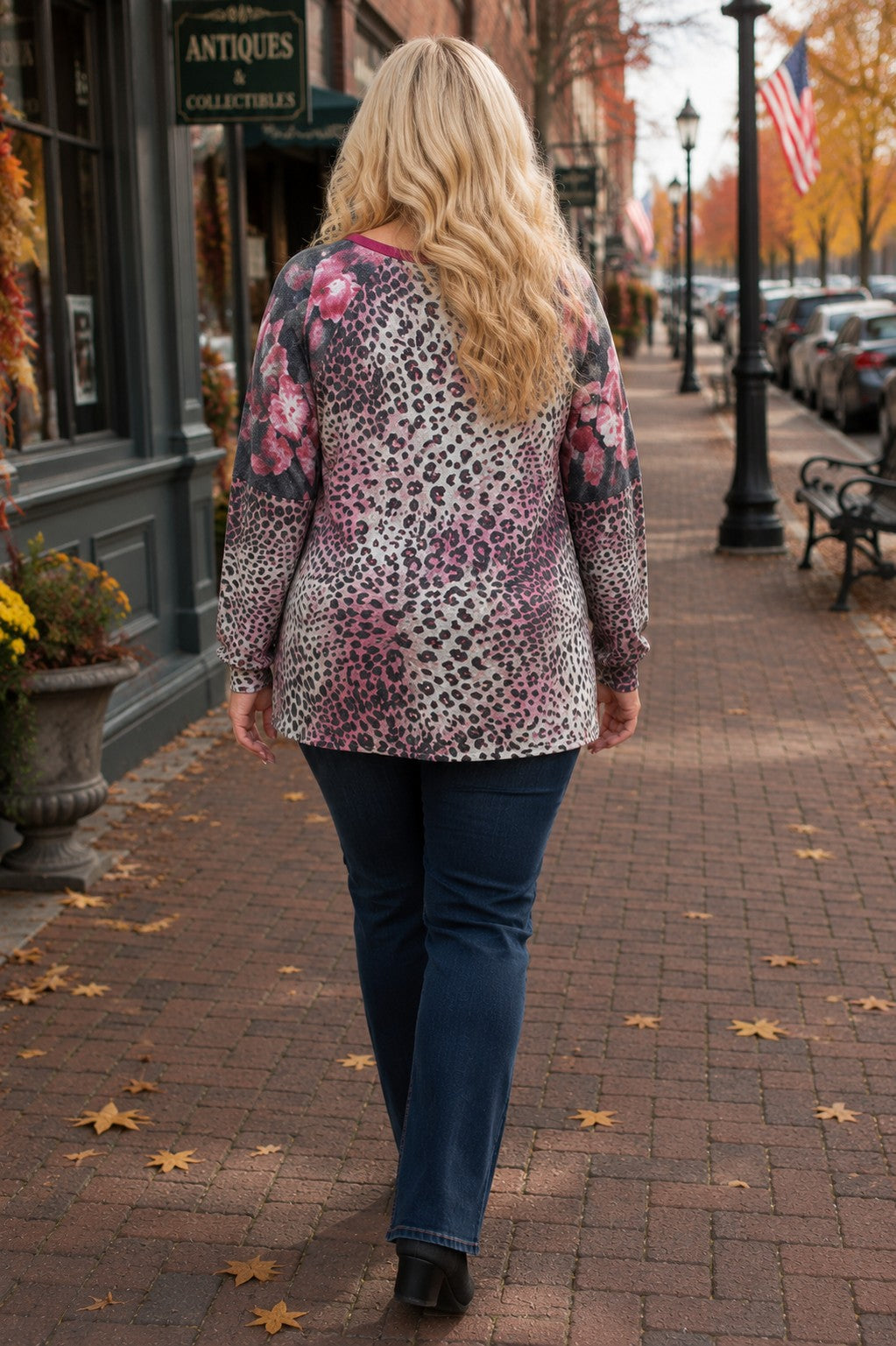 honeyme Leopard Bodice And Floral Sleeve Plus Top-Curvy/Plus Tops-honeyme-Deja Nu Boutique, Women's Fashion Boutique in Lampasas, Texas
