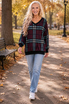 honeyme V Neck Plaid Sweater In Burgundy And Mint-Sweaters-honeyme-Deja Nu Boutique, Women's Fashion Boutique in Lampasas, Texas