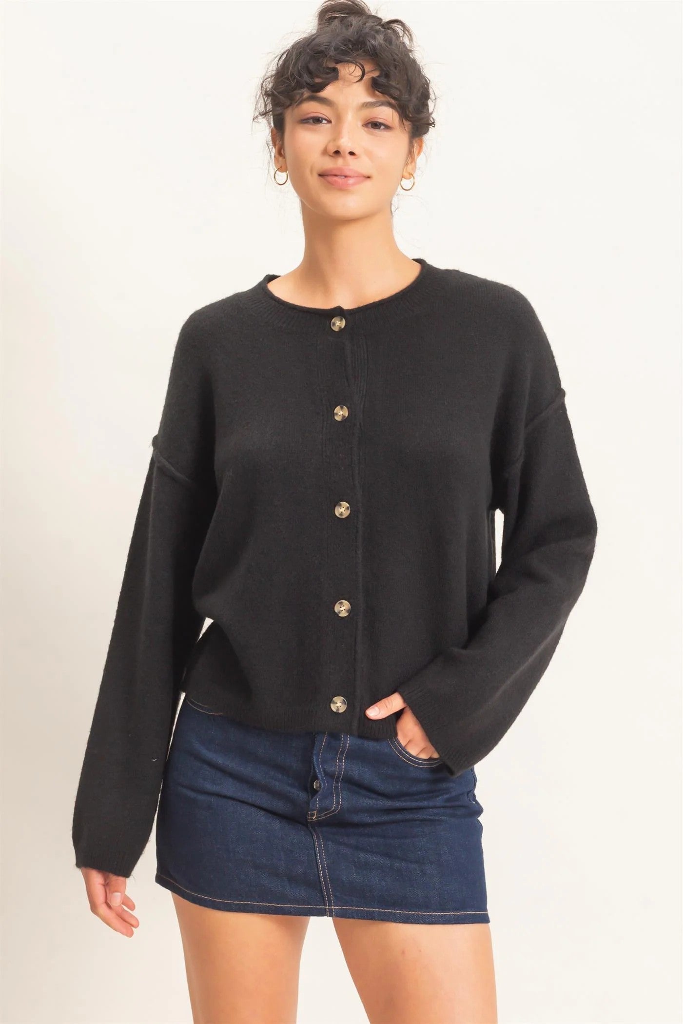 Hyfve Double Zero Crew Neck Loose Fit Cardigan in Black or Cream-Cardigans & Kimonos-Hyfve Double Zero-Deja Nu Boutique, Women's Fashion Boutique in Lampasas, Texas