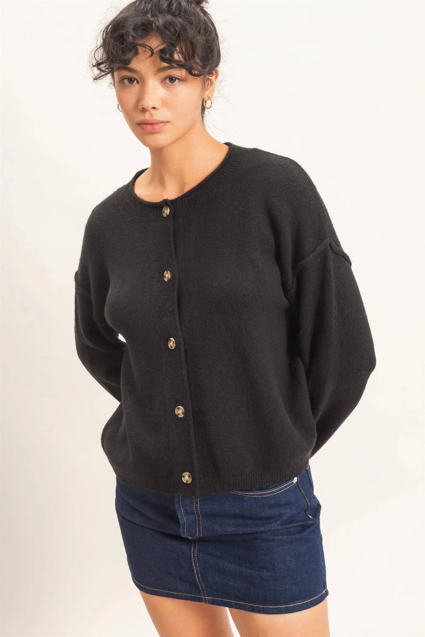 Hyfve Double Zero Crew Neck Loose Fit Cardigan in Black or Cream-Cardigans & Kimonos-Hyfve Double Zero-Deja Nu Boutique, Women's Fashion Boutique in Lampasas, Texas