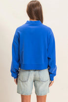 Hyfve Double Zero Washed Button-Front Collared Sweatshirt in Cobalt-sweatshirt-Hyfve Double Zero-Deja Nu Boutique, Women's Fashion Boutique in Lampasas, Texas