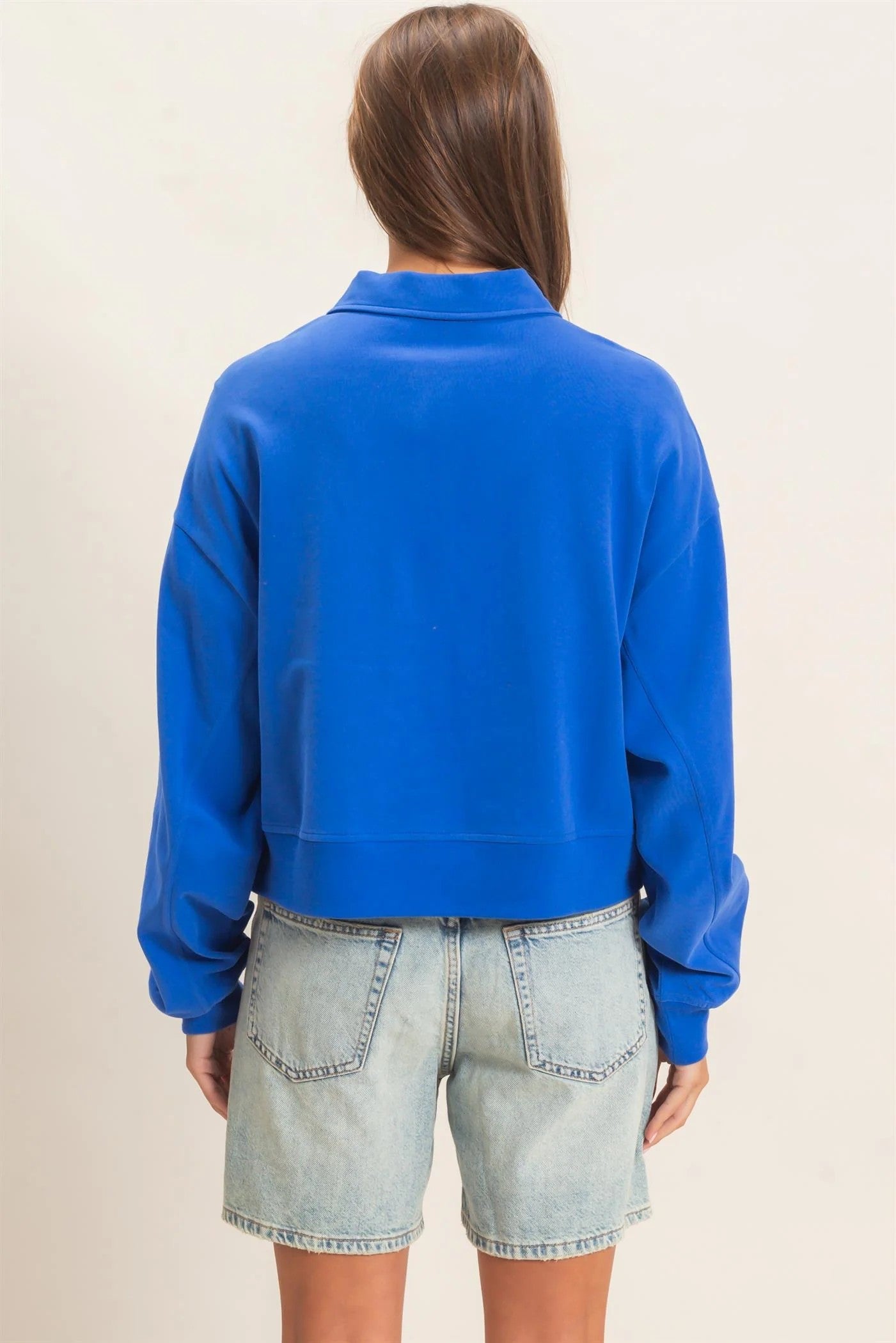 Hyfve Double Zero Washed Button-Front Collared Sweatshirt in Cobalt-sweatshirt-Hyfve Double Zero-Deja Nu Boutique, Women's Fashion Boutique in Lampasas, Texas